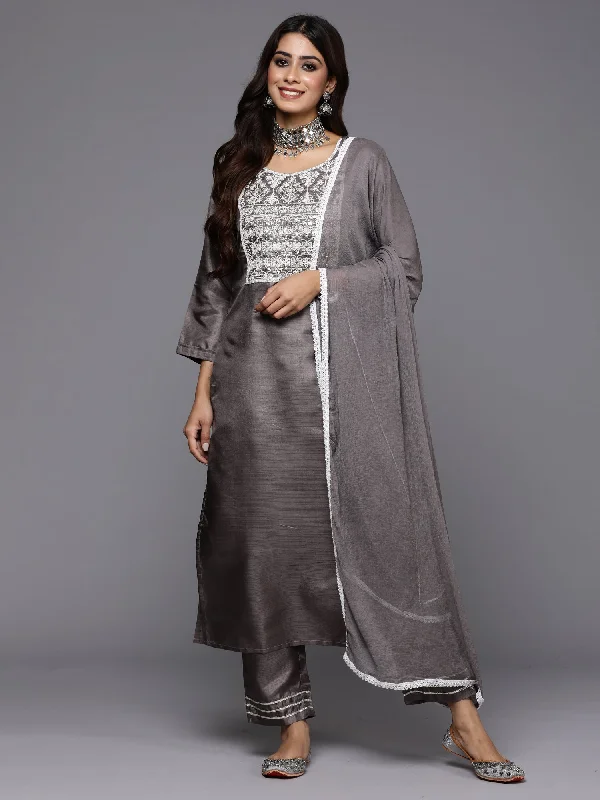 Women's Grey Embroidered Straight Kurta Trousers With Dupatta Set - Indo Era Trousers Elastic Waist Soft