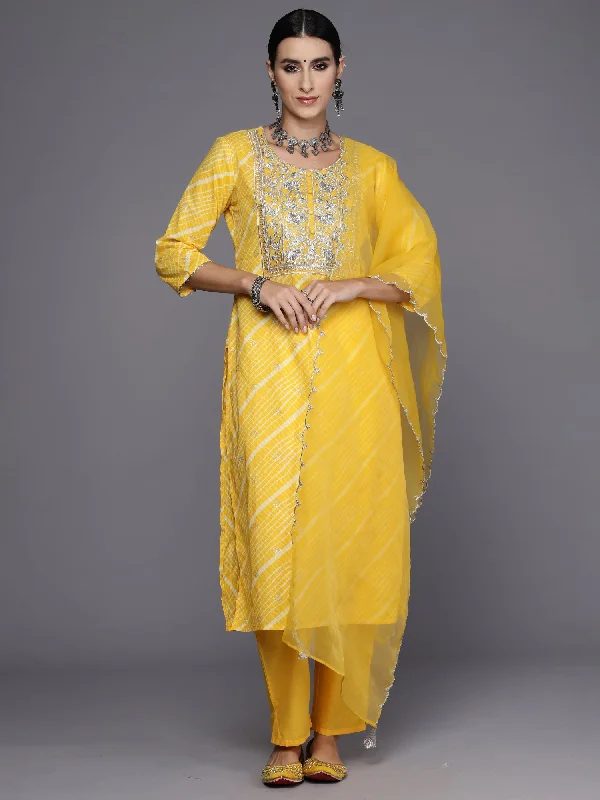 Women's Yellow Embroidered Straight Kurta Trousers With Dupatta Set - Indo Era Trousers Tapered Slim Fit