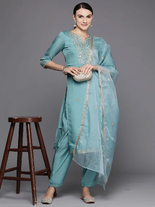 Women's Blue Embroidered Straight Kurta Trousers With Dupatta Set - Indo Era Trousers luxurious high-end