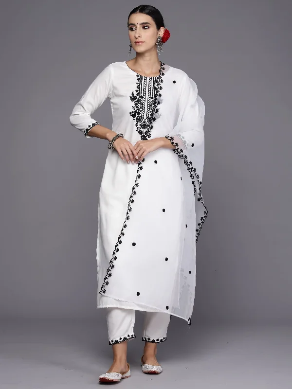 Women's White Embroidered Straight Kurta Trousers With Dupatta Set - Indo Era Trousers New Arrival