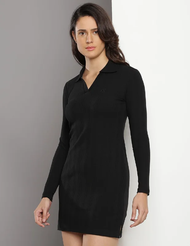 Calvin Klein Black Cotton Solid Women Dress Above The Knee Casual