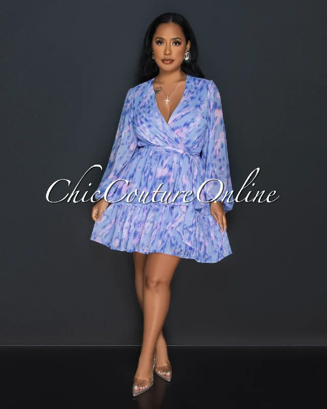 Edith Blue Lilac Print Ruffle Skater Dress