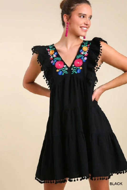 Embroidery Pom Pom Trim Ruffle Hem Dress
