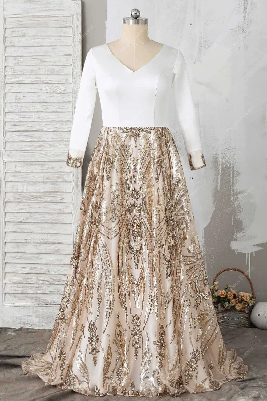 Unique Gold Sequin Ivory Satin Two-tone Formal Dress