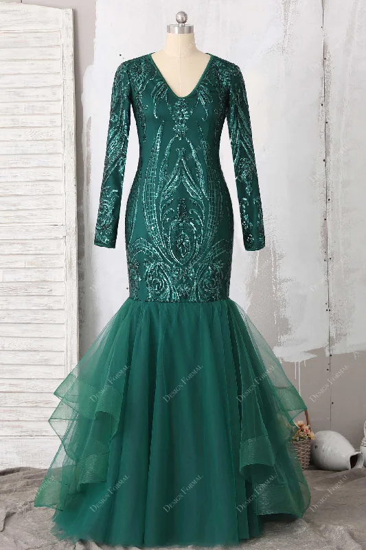 Emerald Green Sequin V-neck Dramatic Trumpet Dress