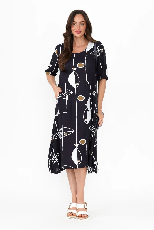 Hailee Navy Sea Linen Cotton Dress