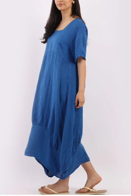 Linen Square Neck Dress - Royal