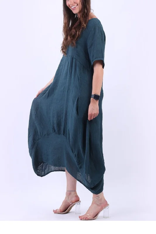 Linen Square Neck Dress - Teal