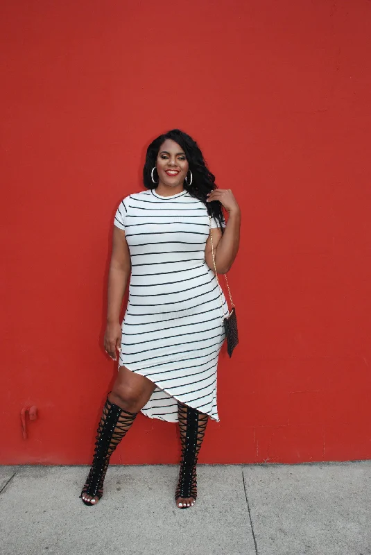 Nautical Striped Fitted Dress - Ivory