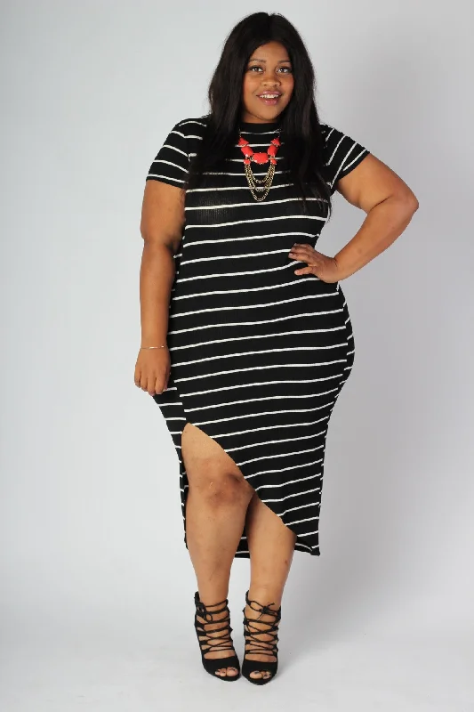 Nautical Striped Fitted Dress - Black