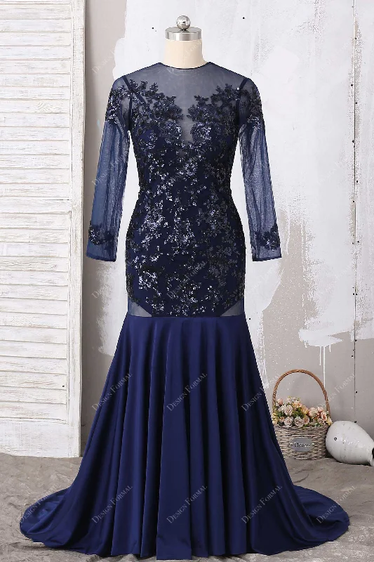 Plus Size Navy Sequin Lace Illusion Mermaid Jersey Dress