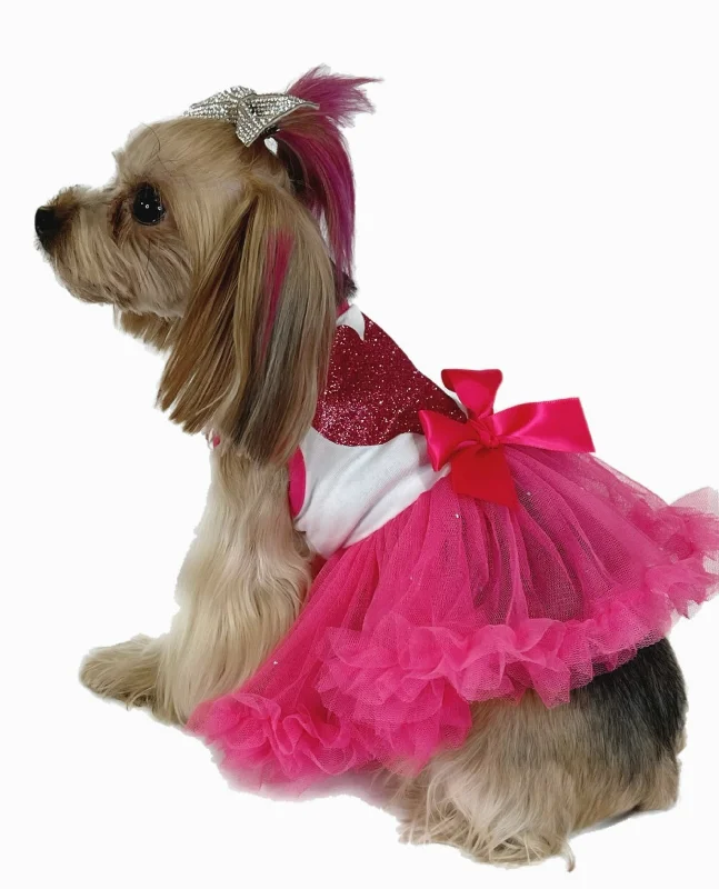 Pawpatu Hot Pink Glitter Heart Petti Dress for Dogs