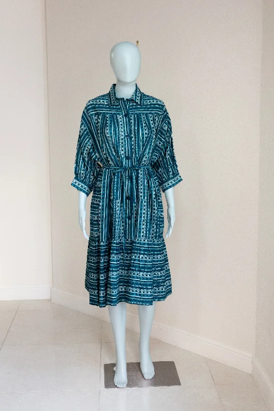 Riko Dress - Teal Striped & Stitched