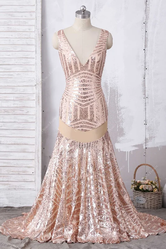 Rose Gold V-neck Unique Sequin Mermaid Prom Dress