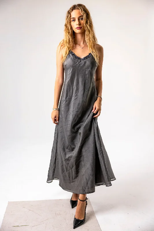 Spaghetti Strap Occasional, Shiny-material dress in Grey with Beaded Detail at the Neck-Line