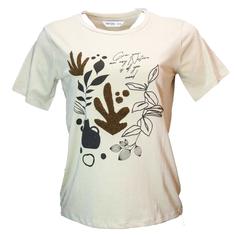Beige Floral Toweling Emebellished T Shirt Seamless Knitted Crochet