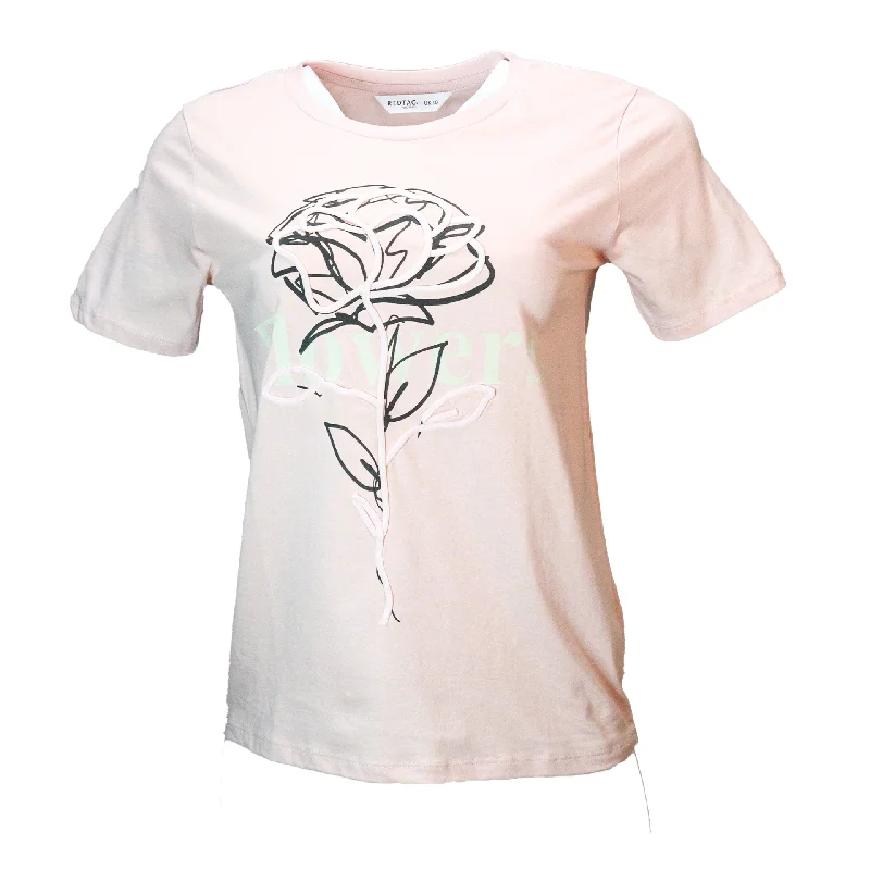 Pink Floral Roping Embellished T Shirt Fitted T-Shirt Seamless Stretchy