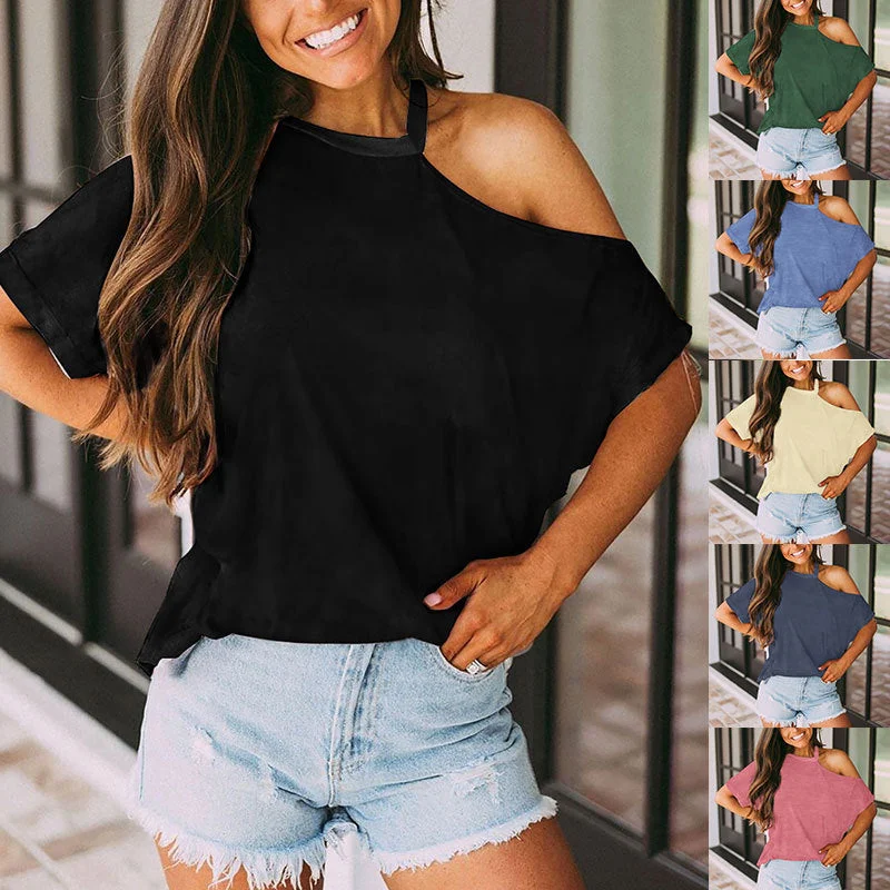 Hot Selling Solid Color Short Sleeve Spring and Summer New T-shirt Off Shoulder Top Women's 6 Colors Choice Ribbed Striped Patterned