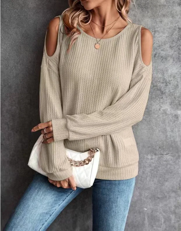 Autumn and Winter New Off-the-shoulder Buttons Loose Long-sleeved T-shirt Tops Spandex Blend Rayon Blend Denim Blend