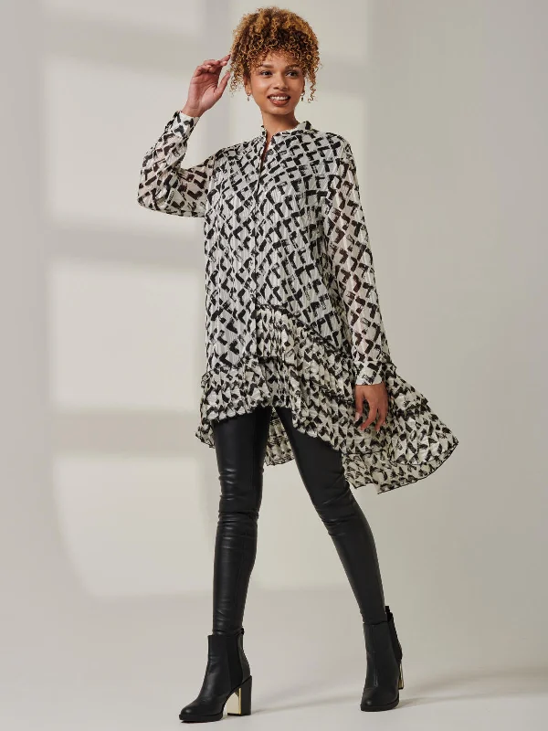 Asymmetric Tiered Hem Shirt, Black Abstract Notch Collar Peter Pan Collar Cowl Neck