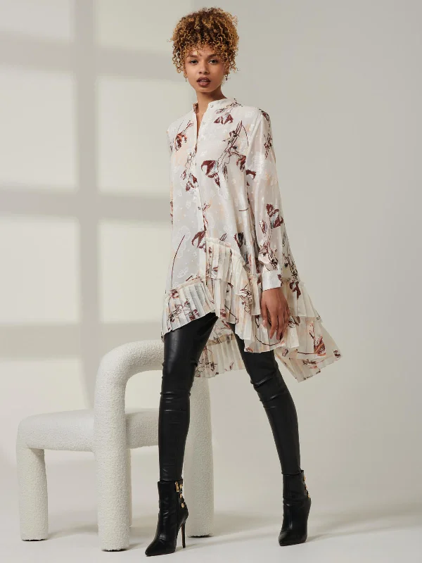 Asymmetric Tiered Hem Shirt, Cream Floral Mesh Blend Leather Blend Suede Blend