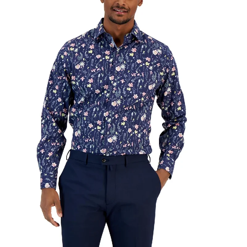 Bar III Mens Floral Print Stretch Button-Down Shirt Mesh Fabric Canvas Fabric Denim Fabric