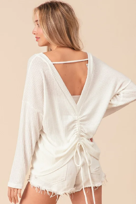 BiBi Waffled Backless Drawstring T-Shirt Hooded Caped Shawl Collar