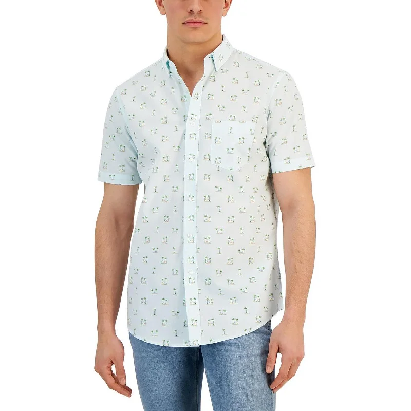 Club Room Mens Cotton Printed Button-Down Shirt Welt Pockets Slit Pockets