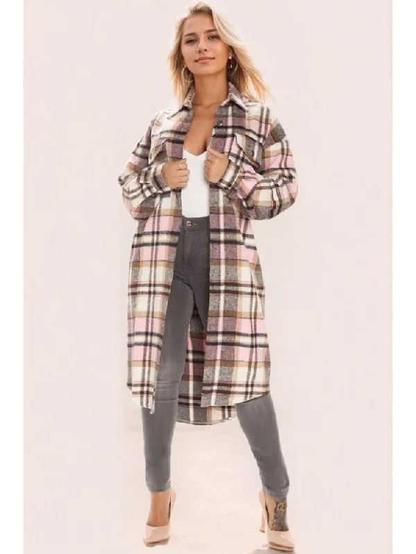 Colorblock Plaid Print Lapel Long Shirt Elasticated Padded Insulated