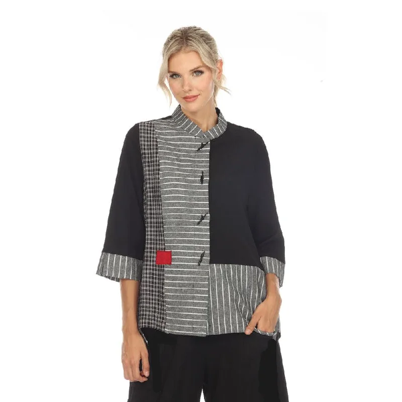 Moonlight Mixed Media Button Front Shirt in Black/White/Red - 2199L - Size S & XXL Only! Denim Fabric Leather Fabric Suede Fabric
