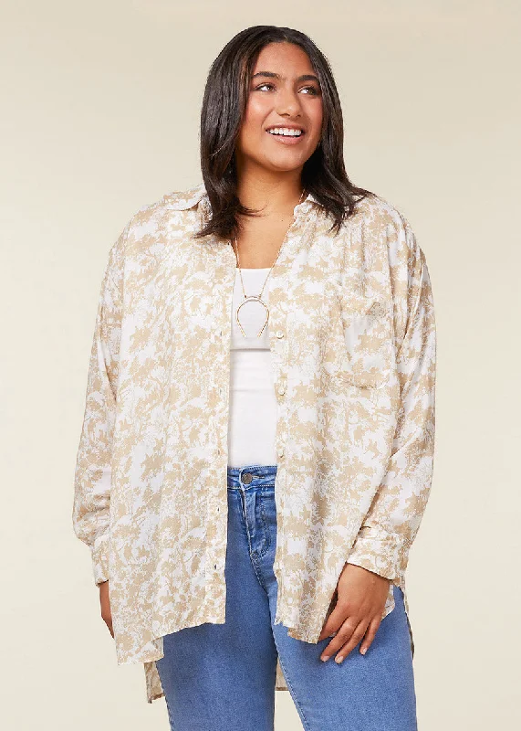 Soft Touch Button Up Printed Shirt Real Fur Shearling Chenille