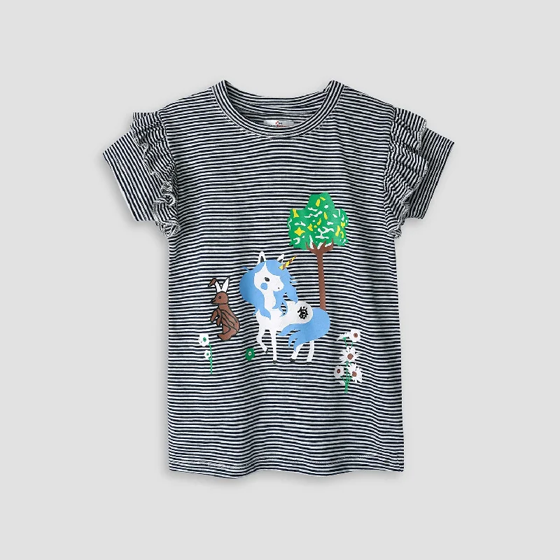 Girls Soft Cotton Printed Stripe Frill T-Shirt Graphic Embroidered Appliqued