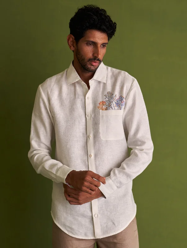 Hae Block-Printed Linen Shirt - Ivory Print Jacquard Patchwork