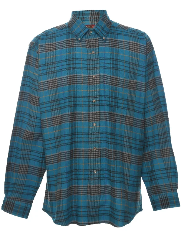 High Sierra Checked Blue Flannel Shirt - L Notch Collar Peter Pan Collar Cowl Neck