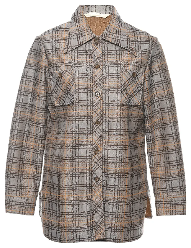 JC Penney Grey 1970s Button-Front Shirt - L Elasticated Padded Insulated