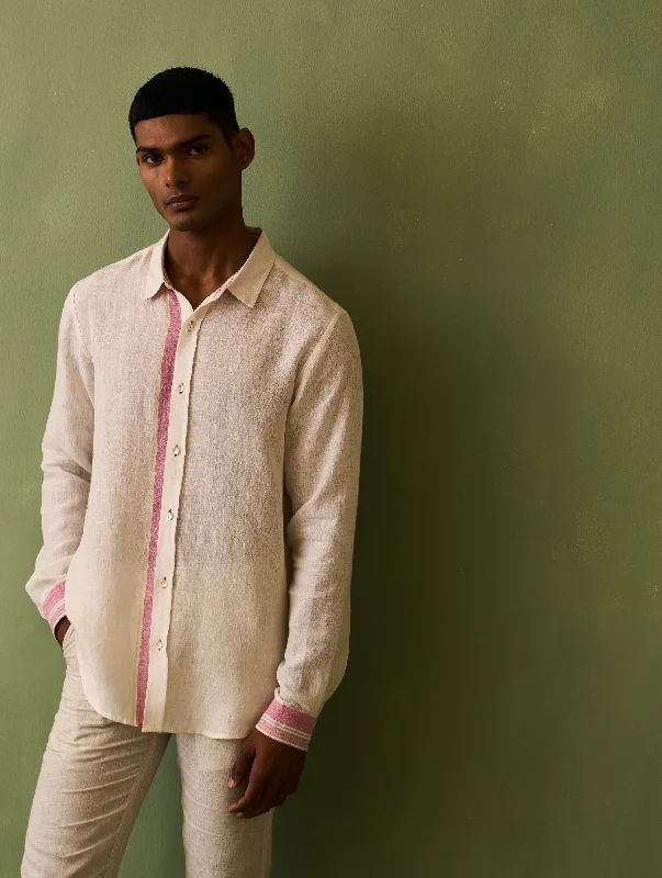 Jiro Border Linen Shirt - Ivory Satin Blend Silk Blend Wool Blend