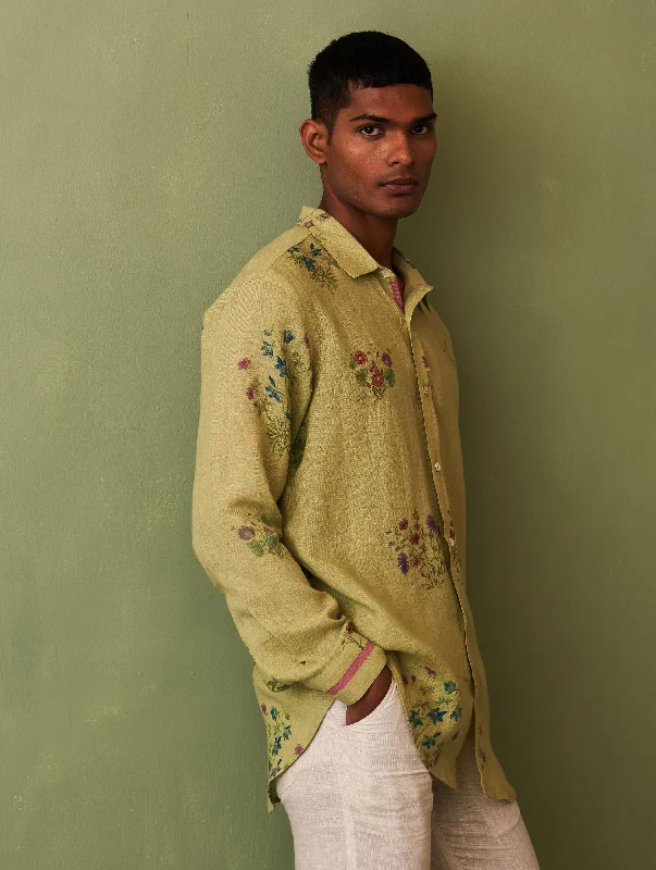 Kazu Botanical Linen Shirt - Fern Elasticated Padded Insulated