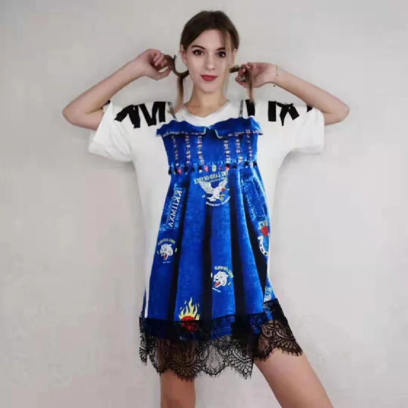 Lace Stitching Short-sleeved T-shirt Women Summer Loose Half-sleeved Printed T-shirt Top Solid Color Striped Floral