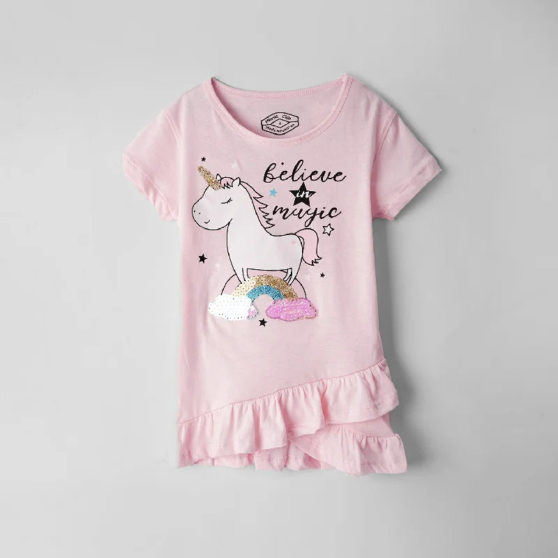 Girls Embellished Sequin Decorated Soft Cotton T-Shirt Striped Floral Plaid