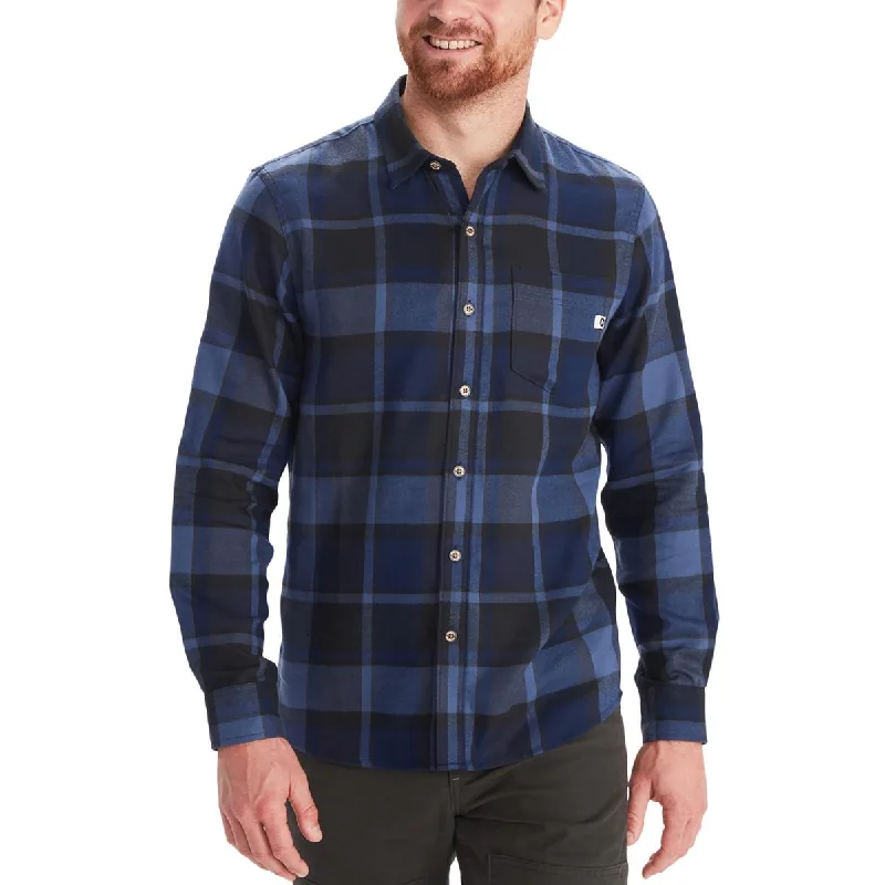 Marmot Mens Flannel Plaid Button-Down Shirt Spandex Blend Rayon Blend Denim Blend