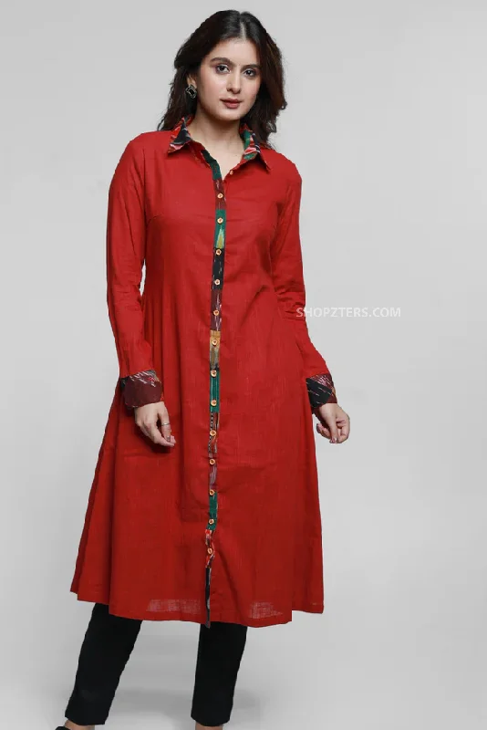 Maroon Cotton Shirt Style Kurta with Patch Work Elasticated Padded Insulated