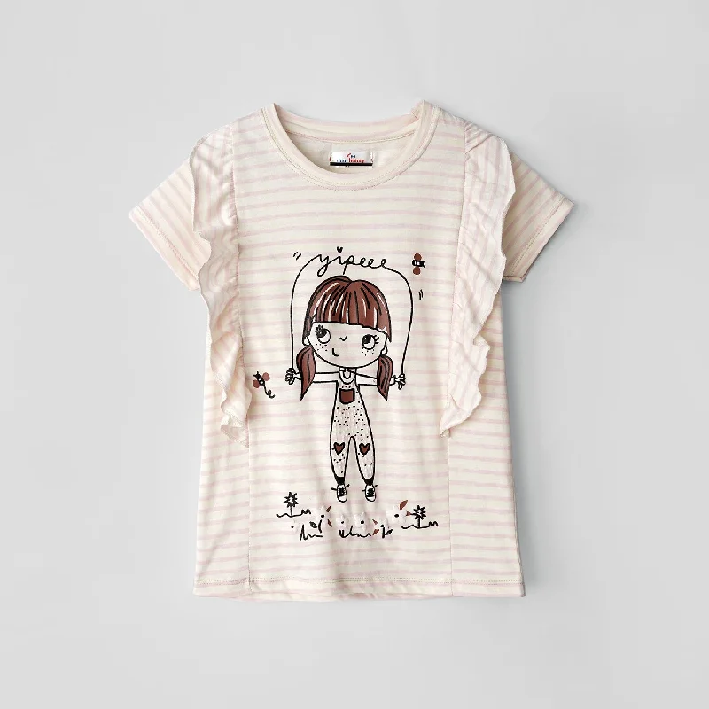 Girls Printed Soft Cotton Frill Shoulder Stripe T-Shirt Real Fur Shearling Chenille
