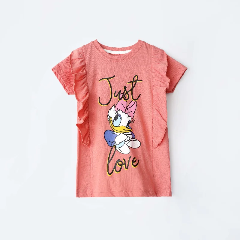 Girls Printed Soft Cotton Frill Shoulder T-Shirt Seamless Knitted Crochet