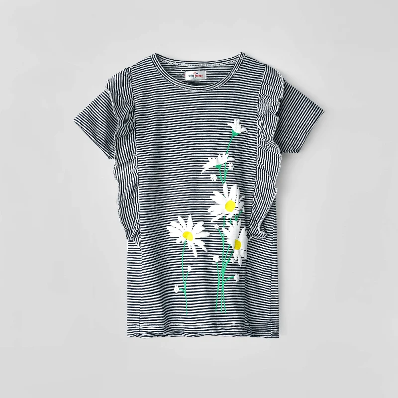 Girls Soft Cotton Printed Stripe Frill T-Shirt Zippered Buttoned Snapped