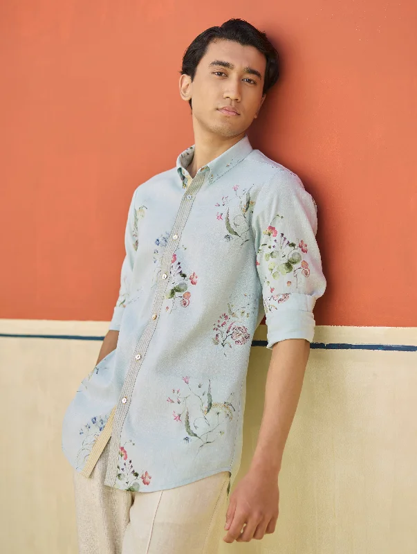 Ovi Watercolour Floral Shirt - Sky Machine Wash Dry Clean Hand Wash