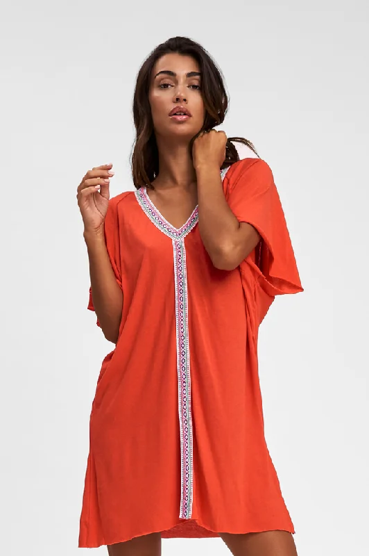 Beach Shirt Cover Up - Mini Pima Abaya Blood Orange Elegant Classic Vintage