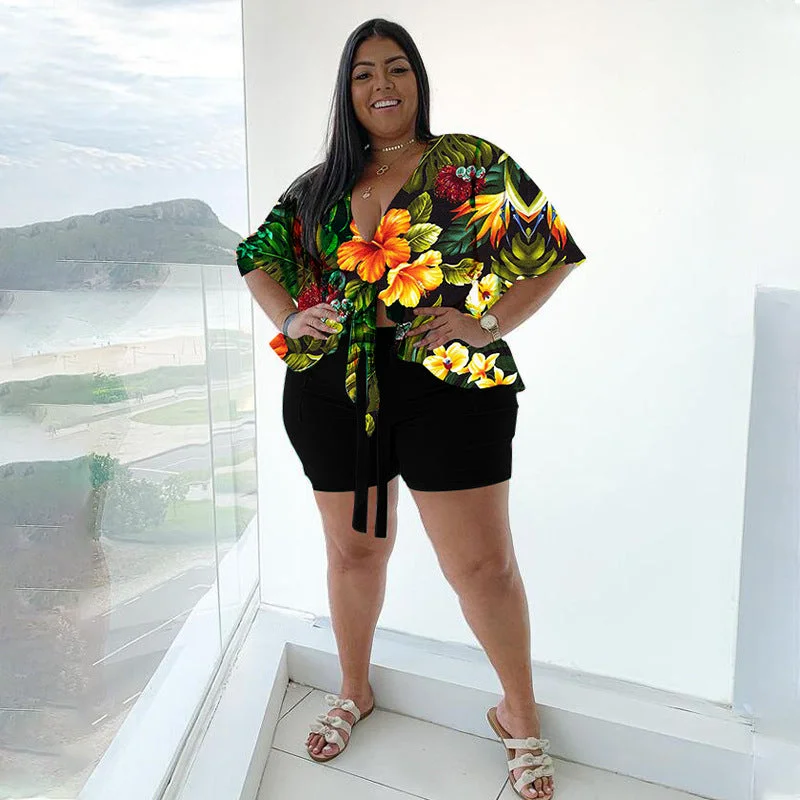 Plus Size Spring Autumn Women Clothing  Two-Piece Suit Printing Casual T-shirt Shorts Set Polka Dot Checkered Tartan