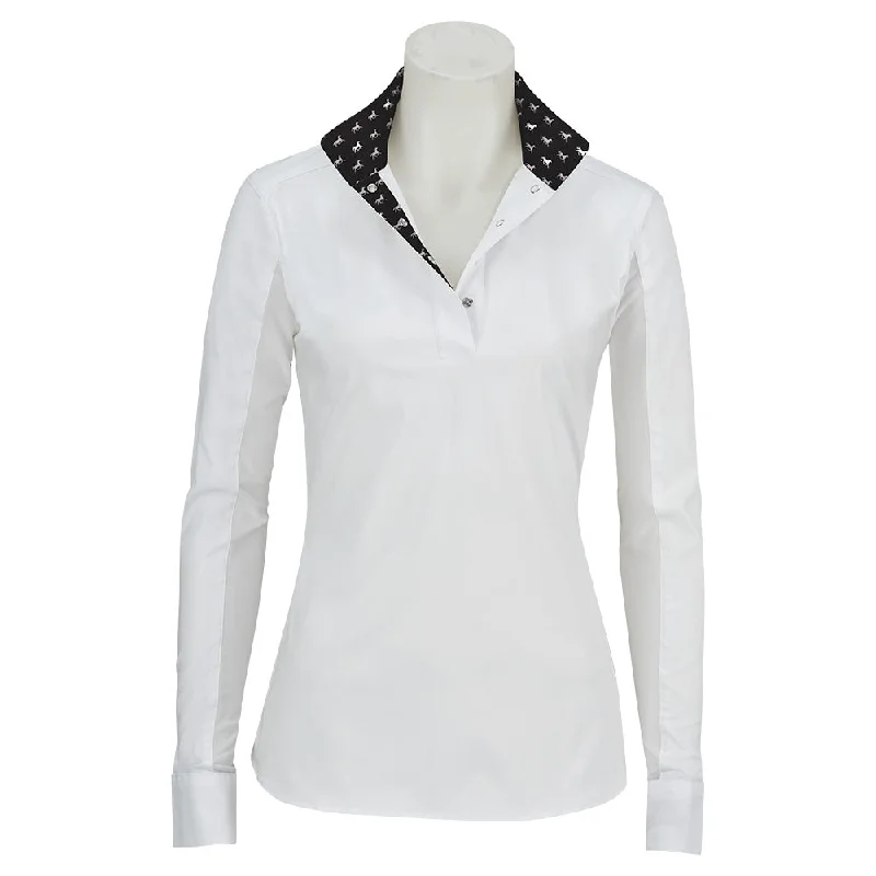 R680S RJ Classics Ladies Rebecca Show Shirt White with Black Horse Print Trim Welt Pockets Slit Pockets Flap Pockets R680S RJ Classics Ladies Rebecca Show Shirt White with Black Horse Print Trim Welt Pockets Slit Pockets Flap Pockets