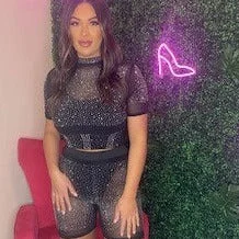 RAQUEL BLACK EMBELLISHED RHINESTONE SHORTS & TEE CO-ORD SET Spandex Blend Rayon Blend Denim Blend