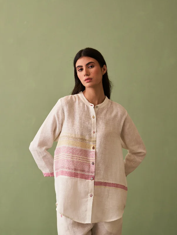 Resa Border Linen Shirt - Ivory Rayon Fabric Velvet Fabric Corduroy Fabric